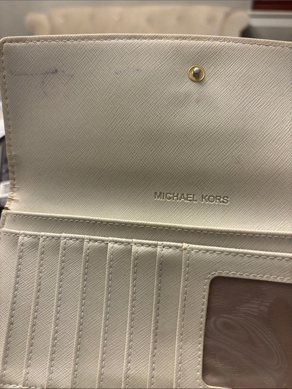 Michael Kors Beige Signature Continental Wallet with Gold Plaque